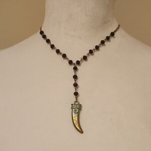 Gold and Black Beaded Horn Pendant Necklace Boho Gypsy Festival